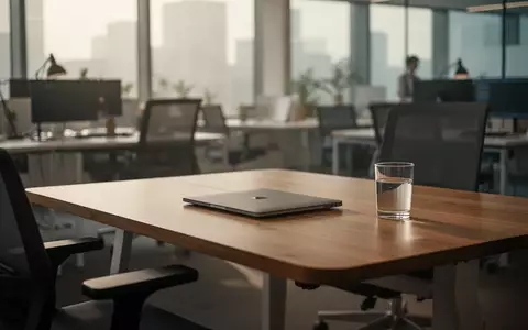 Ein leerer, aufgeräumter Schreibtisch mit einem zugeklappten Laptop in einem ruhigen Büro bei natürlichem Licht. - Foto: über boerse-global.de