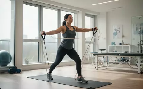 Person bei einer kontrollierten Kraftübung mit Widerstandsbändern in einem modernen physiotherapeutischen Studio. - Foto: über boerse-global.de