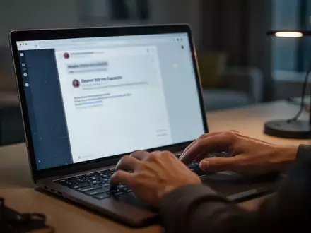 Eine Person tippt an einem Laptop in einem schummrigen Büro, während eine verdächtige E-Mail auf dem Bildschirm zu sehen ist. - Foto: über boerse-global.de