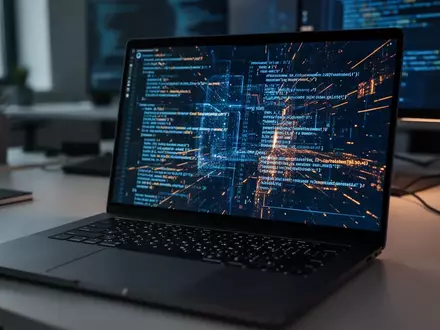 Ein beleuchteter Laptop-Bildschirm mit abstraktem Programmcode in einer dunklen Büroumgebung als Symbol für Cybersicherheit. - Foto: über boerse-global.de