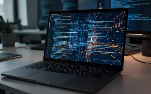 Ein beleuchteter Laptop-Bildschirm mit abstraktem Programmcode in einer dunklen Büroumgebung als Symbol für Cybersicherheit. - Foto: über boerse-global.de