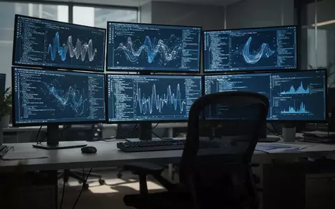Ein dunkler, moderner Arbeitsplatz mit leuchtenden Bildschirmen, die abstrakte Datenvisualisierungen und Programmcode zeigen. - Foto: über boerse-global.de