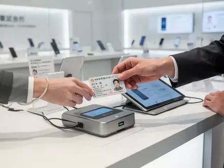 Eine Person legt einen Ausweis auf ein Kartenlesegerät in einem japanischen Mobilfunkgeschäft zur Identitätsprüfung. - Foto: über boerse-global.de