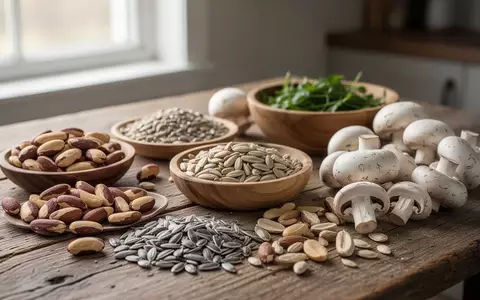 Nahaufnahme von verschiedenen selenhaltigen Lebensmitteln wie Paranüssen und Sonnenblumenkernen auf einem Holztisch. - Foto: über boerse-global.de