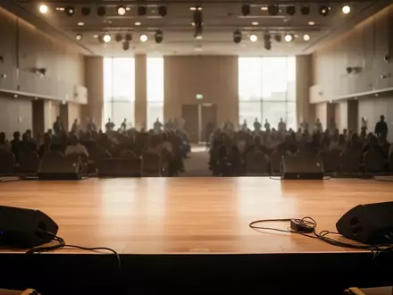 Ein heller Konferenzsaal in Italien mit einer leeren Bühne und professioneller Medientechnik. - Foto: über boerse-global.de