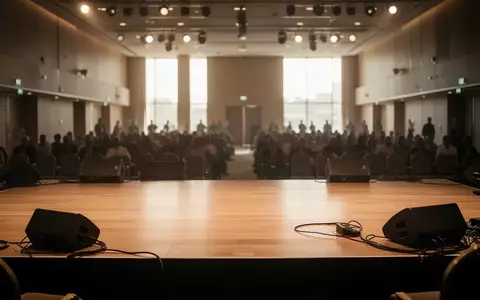 Ein heller Konferenzsaal in Italien mit einer leeren BĂŒhne und professioneller Medientechnik. - Foto: ĂŒber boerse-global.de
