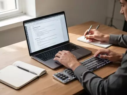 Eine Person schreibt konzentriert an einem modernen Laptop an einem aufgeräumten Schreibtisch in einem hellen Büro. - Foto: über boerse-global.de
