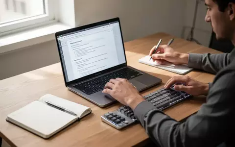 Eine Person schreibt konzentriert an einem modernen Laptop an einem aufgeräumten Schreibtisch in einem hellen Büro. - Foto: über boerse-global.de