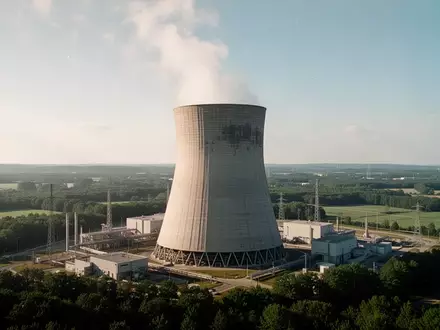 Ein moderner Kühlturm eines Kernkraftwerks an einem klaren Tag mit aufsteigendem Wasserdampf vor blauem Himmel. - Foto: über boerse-global.de