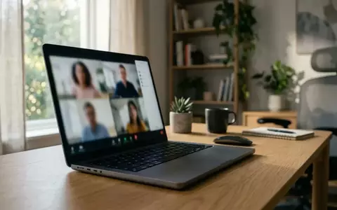 Ein moderner Arbeitsplatz mit einem Laptop, auf dessen Bildschirm ein Videotelefonat in einer hellen, professionellen Büroumgebung zu sehen ist. - Foto: über boerse-global.de