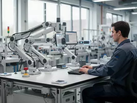 Moderner, ergonomisch gestalteter Arbeitsplatz in einer Industriehalle mit integrierter Sensortechnik. - Foto: über boerse-global.de