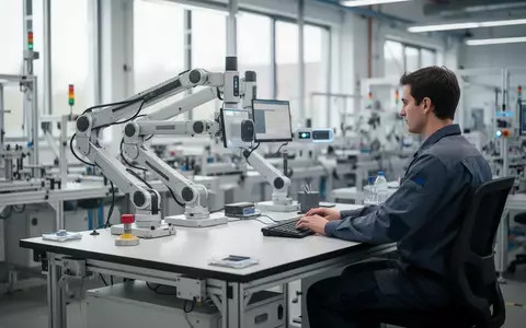 Moderner, ergonomisch gestalteter Arbeitsplatz in einer Industriehalle mit integrierter Sensortechnik. - Foto: über boerse-global.de
