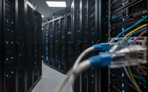Dunkler Serverraum mit beleuchteten Server-Racks, die eine technologische Infrastruktur für Datenverarbeitung symbolisieren. - Foto: über boerse-global.de