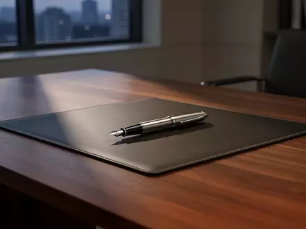 Ein minimalistischer, moderner Büroarbeitsplatz mit einem hochwertigen Füllfederhalter auf einer Schreibtischunterlage. - Foto: über boerse-global.de