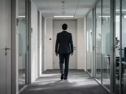 Eine Person geht einen modernen Büroflur entlang auf eine geschlossene Tür zu. - Foto: über boerse-global.de