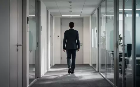 Eine Person geht einen modernen Büroflur entlang auf eine geschlossene Tür zu. - Foto: über boerse-global.de