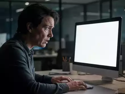Eine Person sitzt frustriert vor einem leeren Computerbildschirm in einem modernen Büro. - Foto: über boerse-global.de