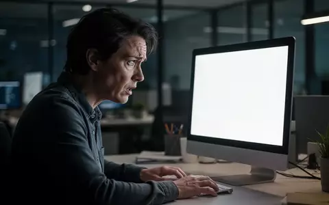 Eine Person sitzt frustriert vor einem leeren Computerbildschirm in einem modernen Büro. - Foto: über boerse-global.de