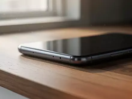 Ein modernes Smartphone liegt auf einem Holztisch bei natürlichem Licht, Fokus auf die Kante des Geräts. - Foto: über boerse-global.de