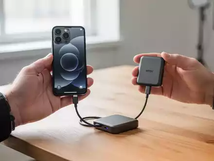 Ein professioneller Videograf verbindet eine kompakte externe SSD mit einem Smartphone für mobile Workflows. - Foto: über boerse-global.de