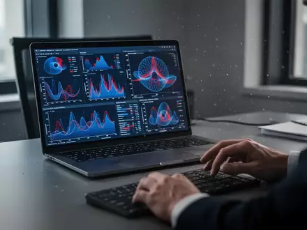 Ein Laptop mit komplexen Datenvisualisierungen in einem abgedunkelten, professionellen Büro. - Foto: über boerse-global.de