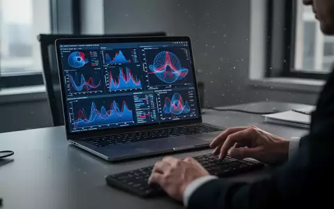Ein Laptop mit komplexen Datenvisualisierungen in einem abgedunkelten, professionellen Büro. - Foto: über boerse-global.de