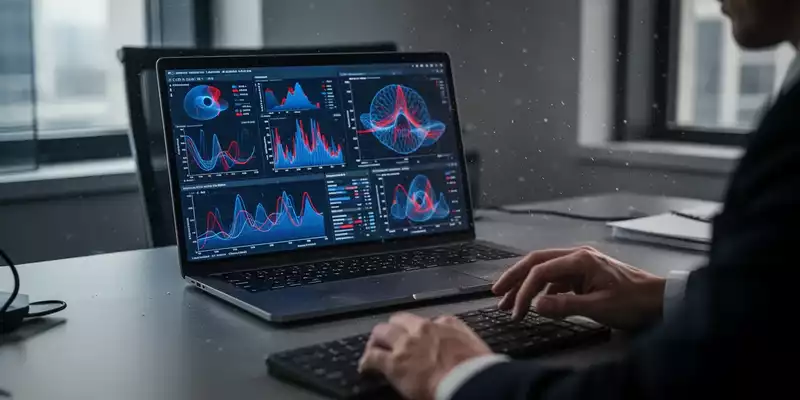 Ein Laptop mit komplexen Datenvisualisierungen in einem abgedunkelten, professionellen Büro. - Foto: über boerse-global.de