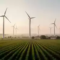 Moderne Windkraftanlagen in einer weitläufigen ländlichen Agrarlandschaft bei Sonnenuntergang. - Foto: über boerse-global.de