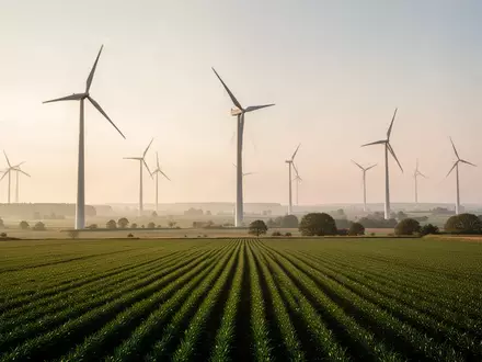 Moderne Windkraftanlagen in einer weitläufigen ländlichen Agrarlandschaft bei Sonnenuntergang. - Foto: über boerse-global.de