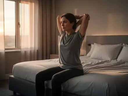 Eine Person sitzt am frühen Morgen auf der Bettkante und dehnt ihren Rücken in einem hellen, modern eingerichteten Schlafzimmer. - Foto: über boerse-global.de