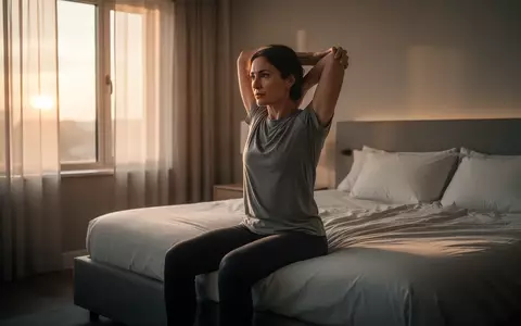Eine Person sitzt am frühen Morgen auf der Bettkante und dehnt ihren Rücken in einem hellen, modern eingerichteten Schlafzimmer. - Foto: über boerse-global.de