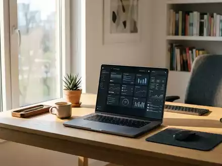 Ein moderner, aufgeräumter Arbeitsplatz mit einem Laptop, auf dessen Bildschirm eine modulare Software-Oberfläche mit anpassbaren Widgets zu sehen ist. - Foto: über boerse-global.de