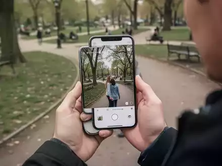 Eine Person hält ein Smartphone in einem Park, wobei die Umgebung die Gefahr der automatisierten Standortbestimmung verdeutlicht. - Foto: über boerse-global.de