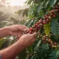 Nahaufnahme einer Hand, die reife Kaffeekirschen von einem Strauch auf einer Plantage erntet. - Foto: über boerse-global.de
