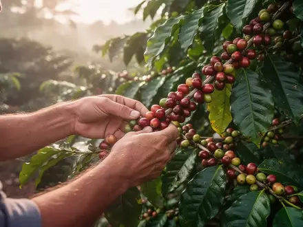 Nahaufnahme einer Hand, die reife Kaffeekirschen von einem Strauch auf einer Plantage erntet. - Foto: über boerse-global.de