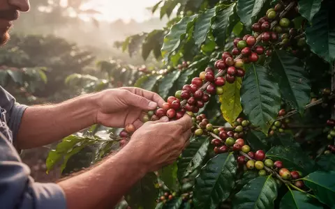 Nahaufnahme einer Hand, die reife Kaffeekirschen von einem Strauch auf einer Plantage erntet. - Foto: über boerse-global.de