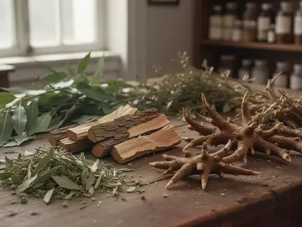 Nahaufnahme von getrockneter Weidenrinde und Teufelskralle auf einem Holztisch in einer Apothekenumgebung. - Foto: über boerse-global.de