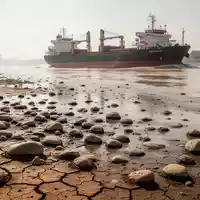 Ein ausgetrocknetes Flussbett mit einem tief liegenden Frachtschiff bei extremer Hitze und Niedrigwasser. - Foto: über boerse-global.de