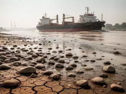 Ein ausgetrocknetes Flussbett mit einem tief liegenden Frachtschiff bei extremer Hitze und Niedrigwasser. - Foto: über boerse-global.de