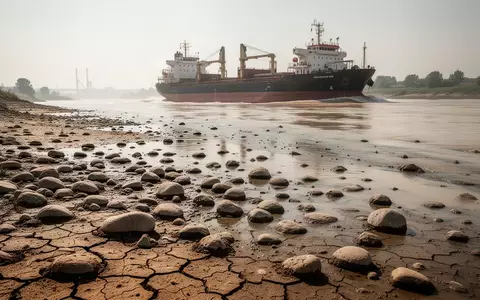 Ein ausgetrocknetes Flussbett mit einem tief liegenden Frachtschiff bei extremer Hitze und Niedrigwasser. - Foto: über boerse-global.de