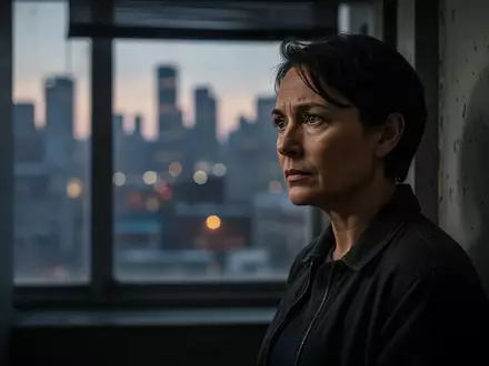 Eine nachdenkliche Person schaut bei Dämmerung aus einem Fenster auf eine Stadtlandschaft, Ausdruck psychologischer Wachsamkeit. - Foto: über boerse-global.de