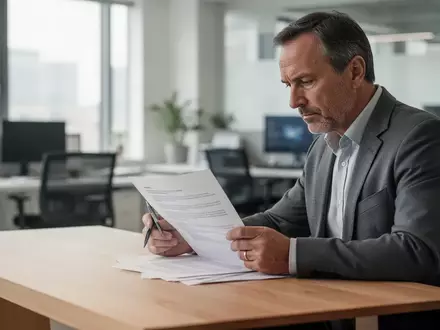 Eine Person sitzt an einem modernen Schreibtisch und prüft konzentriert Unterlagen in einem hellen Büro. - Foto: über boerse-global.de