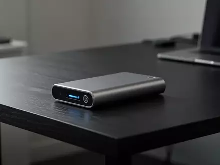 Ein Krypto-Hardware-Wallet auf einem dunklen Schreibtisch in einer professionellen Büroumgebung. - Foto: über boerse-global.de