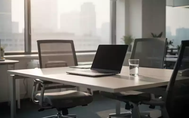 Ein leerer, aufgeräumter Büroarbeitsplatz mit einem Laptop und einem Glas Wasser vor einem hellen Fenster. - Foto: über boerse-global.de