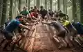 Eine Gruppe von Mitarbeitern in Sportkleidung bewältigt gemeinsam ein Hindernis bei einem Firmenlauf im Freien. - Foto: über boerse-global.de