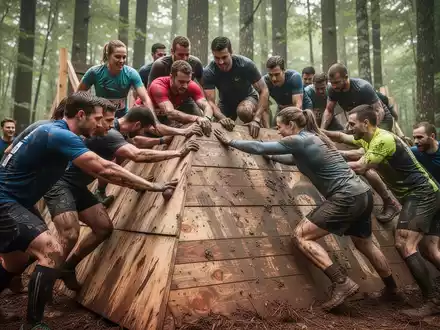 Eine Gruppe von Mitarbeitern in Sportkleidung bewältigt gemeinsam ein Hindernis bei einem Firmenlauf im Freien. - Foto: über boerse-global.de