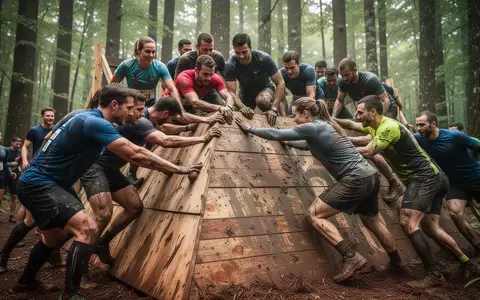 Eine Gruppe von Mitarbeitern in Sportkleidung bewältigt gemeinsam ein Hindernis bei einem Firmenlauf im Freien. - Foto: über boerse-global.de