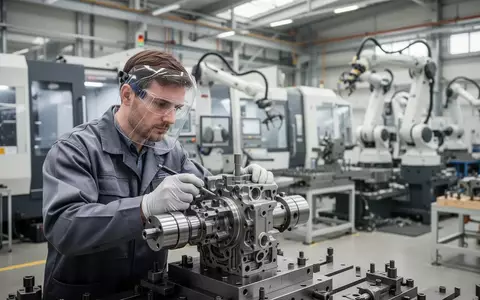 Ein Facharbeiter bei der Präzisionsprüfung eines Bauteils in einer modernen Metall- und Elektrofertigungshalle. - Foto: über boerse-global.de