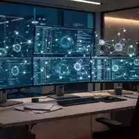 Ein moderner, dunkel beleuchteter Bankarbeitsplatz mit Monitoren, die abstrakte Datenströme und Sicherheitsnetzwerke darstellen. - Foto: über boerse-global.de