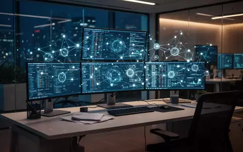 Ein moderner, dunkel beleuchteter Bankarbeitsplatz mit Monitoren, die abstrakte Datenströme und Sicherheitsnetzwerke darstellen. - Foto: über boerse-global.de